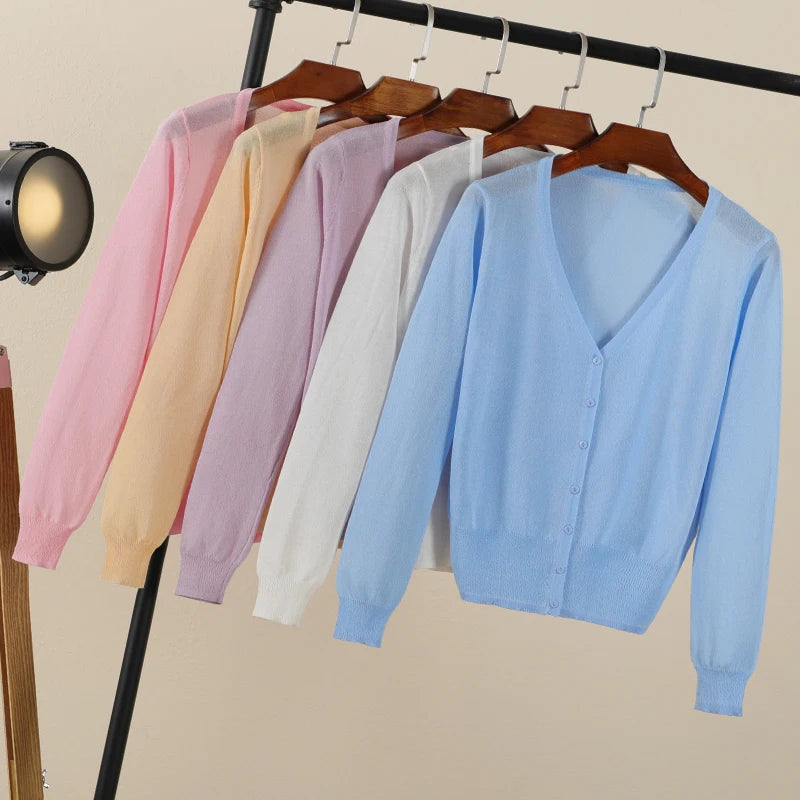 Summer Cardigan Women Cropped Korean Fashion Style Female Black Women's Coat Clothing V-neck Ladies Sweater Outerwear Cute Basic