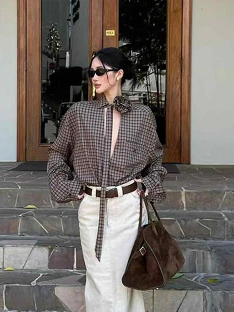 Jmprs Hollow Out Y2K Plaid Shirts Women Streetwear Vintage 3D Floral Lace Up Blouse Gothic Long Sleeve Loose American Casual Top