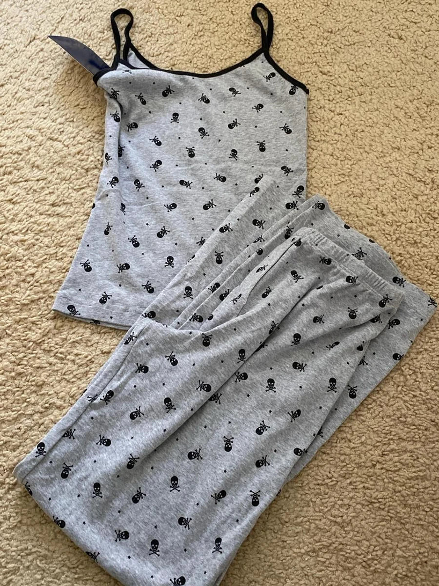 Skull Print Gray Vest Pants 2 Pieces Set Pajama Woman Sleeveless Slim Tank Top High Waist Straight Long Pant Cotton Vintage Sets