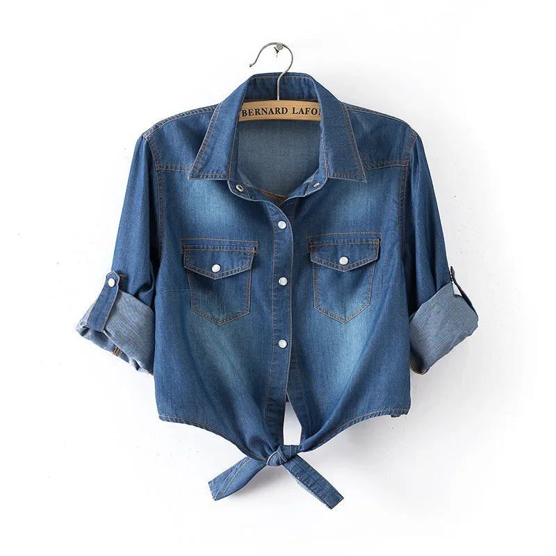 Spring Summer Curly Short Sleeve Thin Denim Jacket Female 6xl fashion Slim Knot Shirt Shawl Women's Outerwear Short Casual Tops