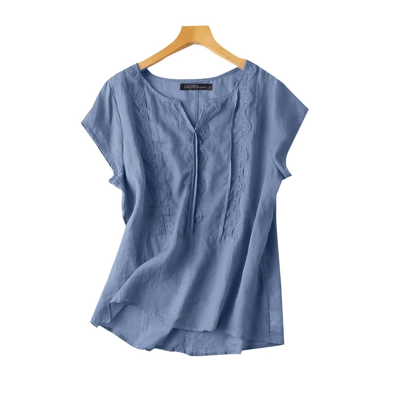 ZANZEA Casual Lace Stitching Tops Women Blouse V-neck  Loose Holiday 2024 Summer Shirts Solid Color Vintage Short Sleeve Blusas