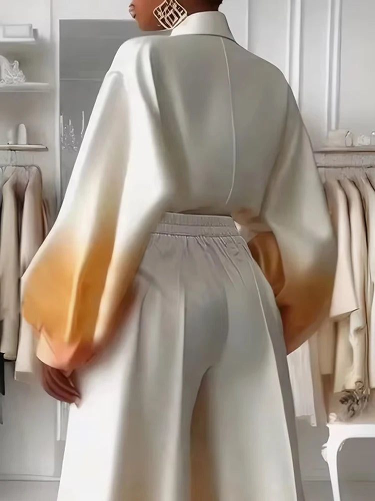 Beautyblue Lapel Blouses Gradient Shirt for Women 2025 New Fashion Loose Puff Sleeves Summer Spring Button Elegant Female Tops