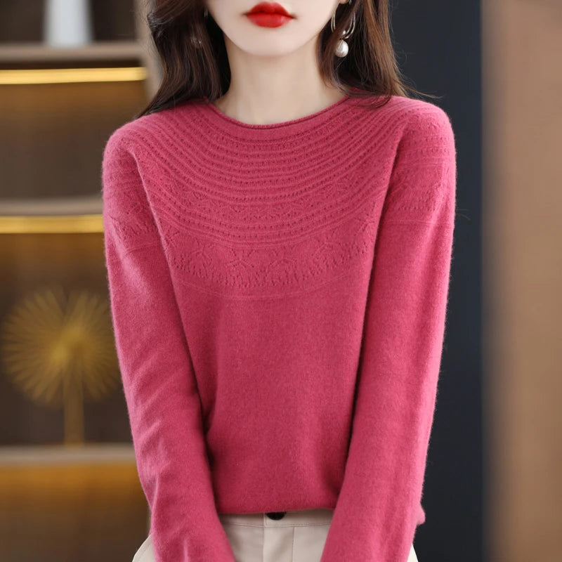100% Merino Wool Knitted Sweater Autumn/Winter 2024 New Women's Round Neck Hollow Top 11 Color Pullover Versatile Coat NJR1107