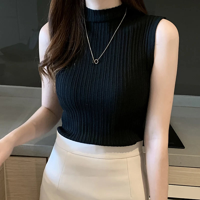 Solid Slim Thin Sleeveless Knitted Sweater 2023 Spring Summer Half High Neck Shirt for Women Elegant Casual Blouse Blusas 15662
