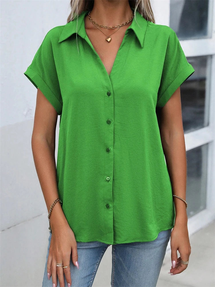 2025 Spring And Autumn New Solid Color Short-sleeved Shirt Fashion Loose Temperament Shirt Folding Blouse Ms. Home Rest Shirt