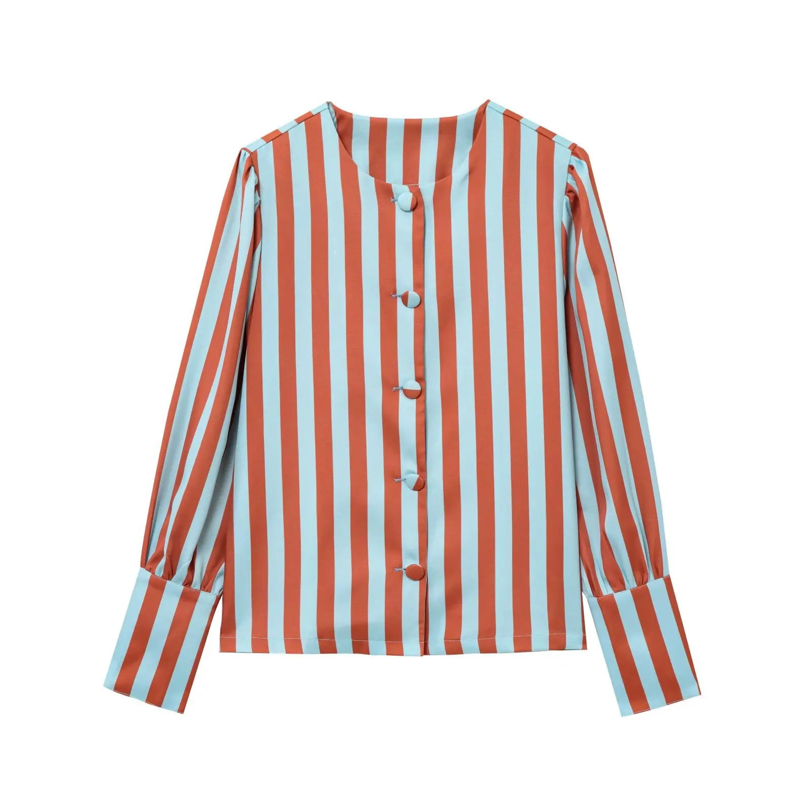 ZBZA Women's Loose Fit Striped Print Shirt O-neck Puff Sleeve Single Breasted Simple Casual Top Spring Summer Female Chic Blouse