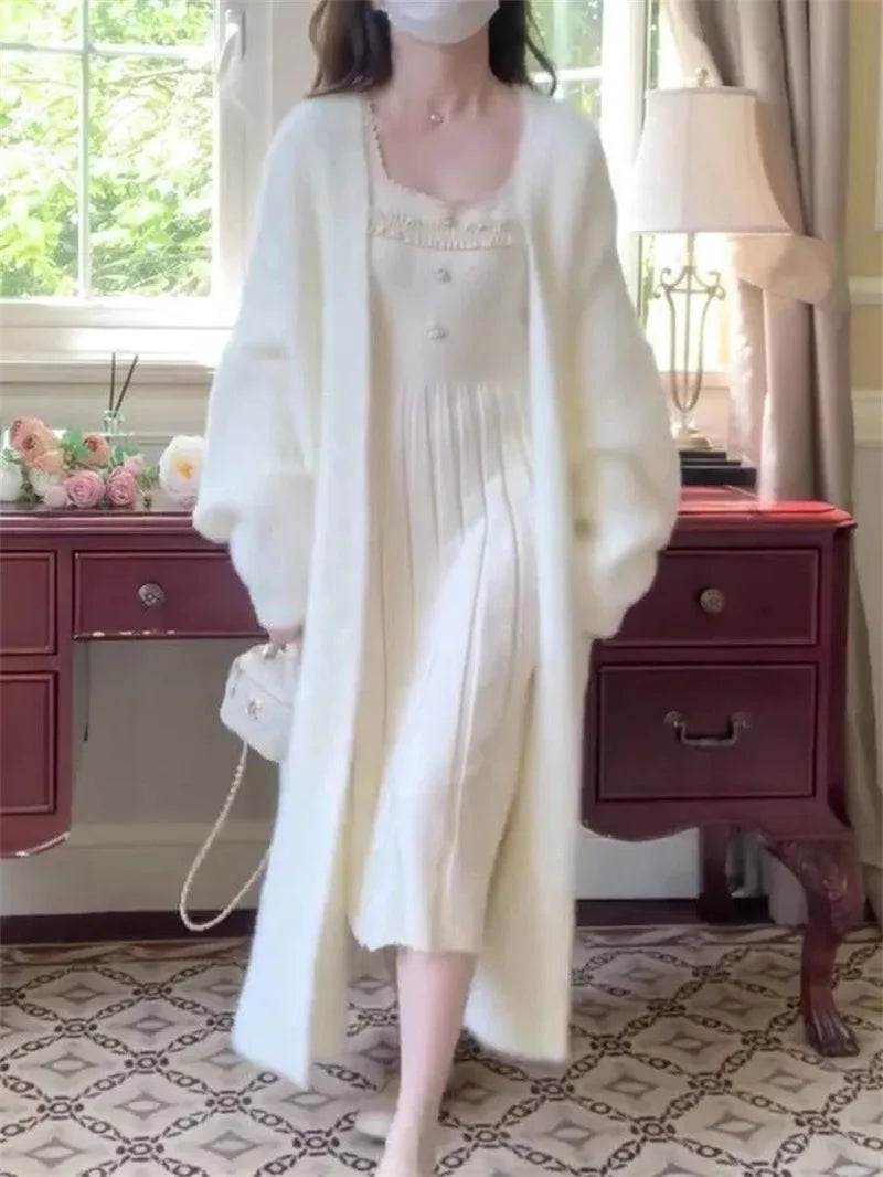 White Gentle Mink Fur Sweater Knitted Cardigan Women's 2024 Autumn Winter New Loose Versatile mid to long Lazy Milk fufu Jacket