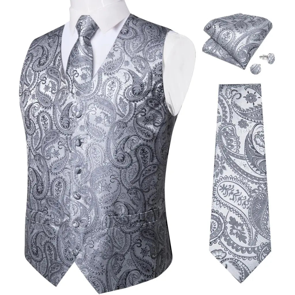 Luxury Silver Gray Paisley Suit Vest Men Tuxedo Blazers Wedding Party Waistcoat Neck Tie Set Casual Sleeveless Jacket