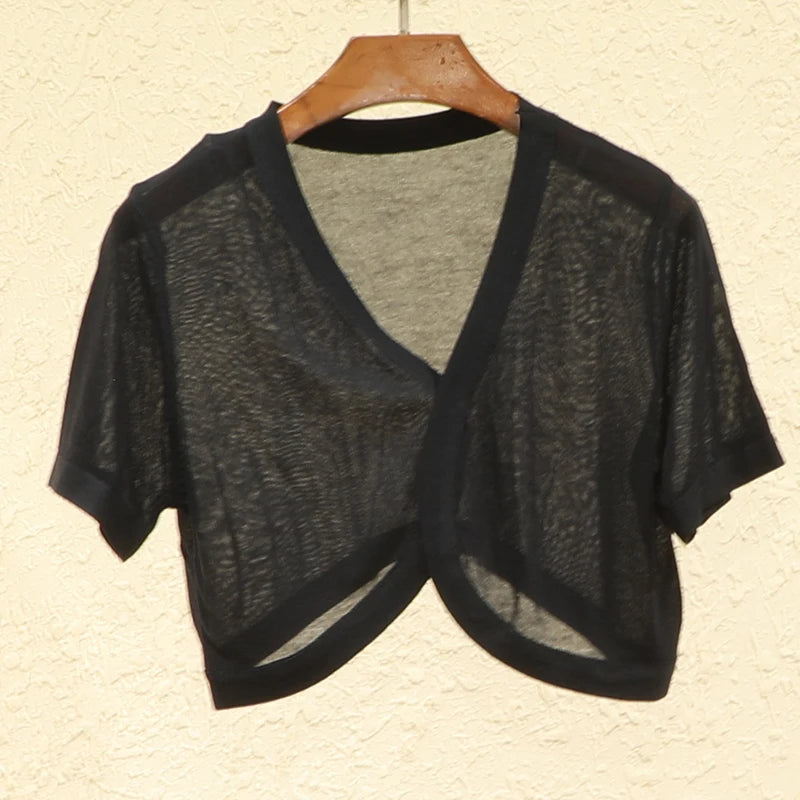 Outerwear Jerseys Summer Cardigan Women Cropped Blouses Korean Fashion Style Cute V-neck Women's Coat Black Bolero Woman Basic