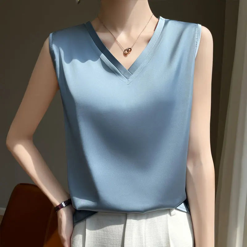 V-Neck Silk Vest Women's Summer Short-Sleeved Blouse With Acetic Acid Satin Top Sleeveless Bottoming Shirt YTM A39