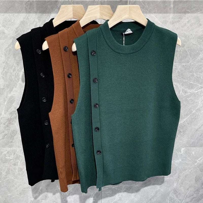 Men's Luxury Knitted Pullover Sweater Vest Casual Streetwear Button Solid Color O Neck Sleeveless Loose Stylish Vintage Knitwear