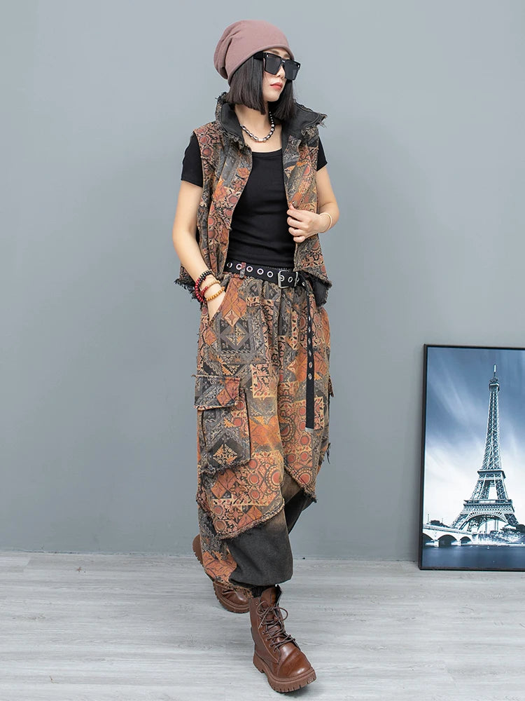 Spring Summer Trendy Personality Print Distressed Denim Irregular Vest + Large Crotch Pants Two-piece Set Women LX323
