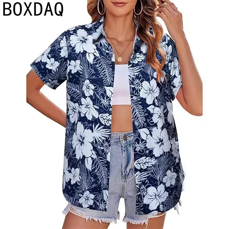 Tropical Coconut Tree Print Women's Hawaii Style Shirt Summer Lapel Short Sleeve Single Breasted Casual Personalized Shirt Tops