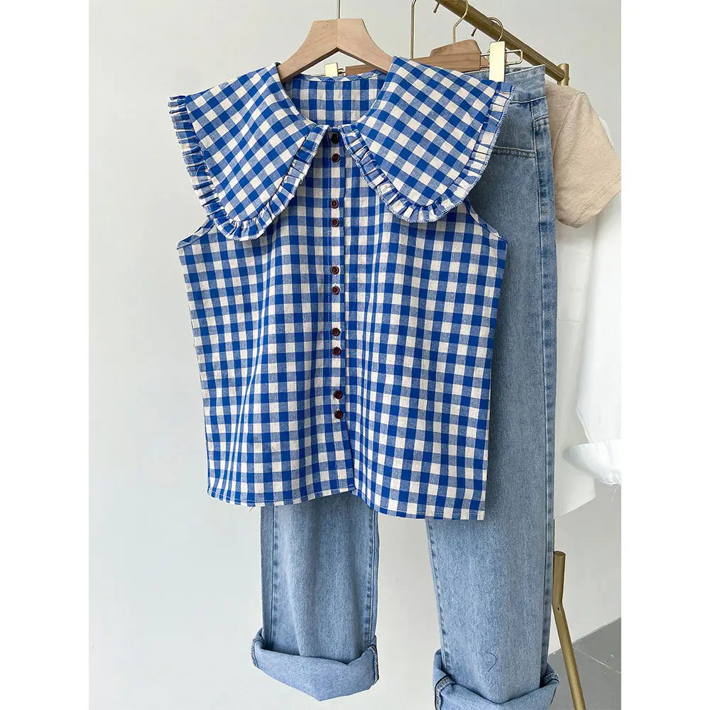 Korobov French Blue Plaid Ruffled Sleeveless Shirt Women's Clothing Summer Loose Blouses Doll Age Reduction Sweet Fashion Top