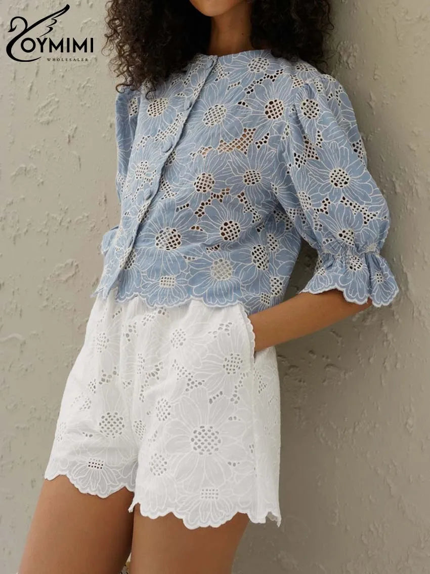 Oymimi Fashion Blue Print Women's Shirt Elegant O-Neck Hollow Out Half Sleeve Shirts Summer Autumn Single Breasted Cotton Shirts