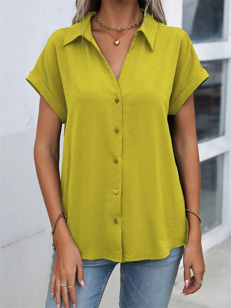 2025 Spring And Autumn New Solid Color Short-sleeved Shirt Fashion Loose Temperament Shirt Folding Blouse Ms. Home Rest Shirt
