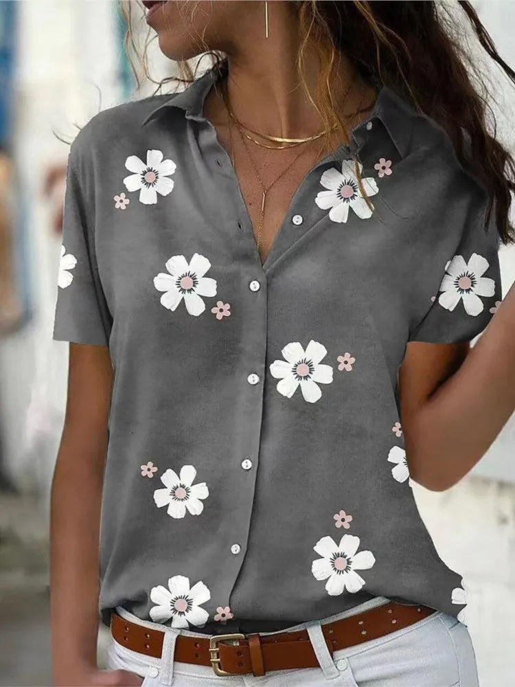 Women's Spring Summer New Style Slimming Fashion Flower Printed Short Sleeve Collar Loose Casual Comfortable Button Shirt