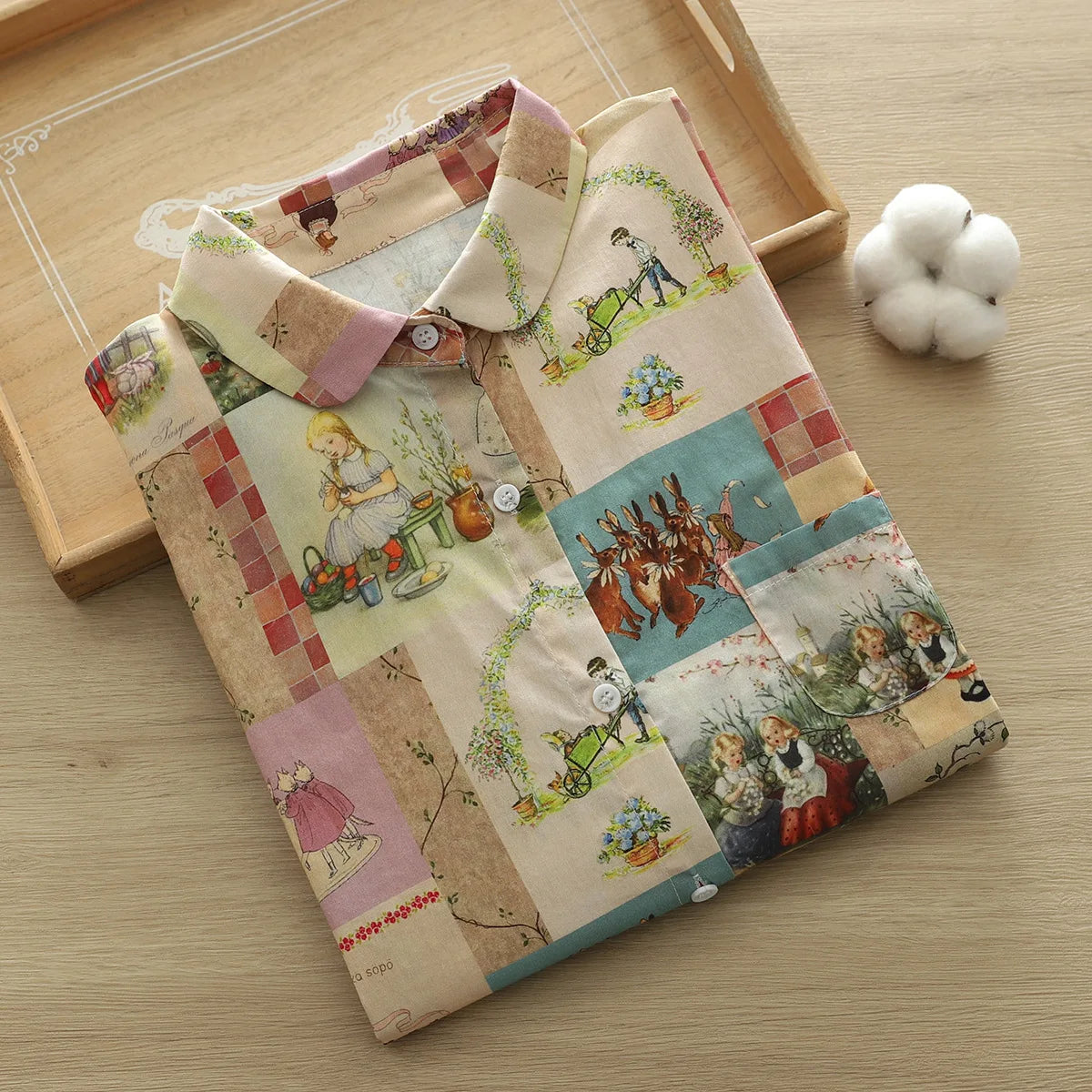 100% Cotton Shirts Women Autumn Spring Japan Style Flower Print Tops Morigirl Long Sleeve Blouses Mori Kei Clothing