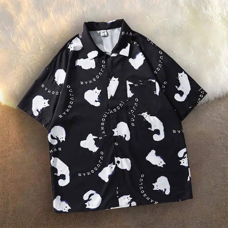 2023 Cat Graffiti Shirt Street Style Crop Top Women Summer Women's Shirts 2023 Short Sleeve Cool Blouse Korea Shirt for Women