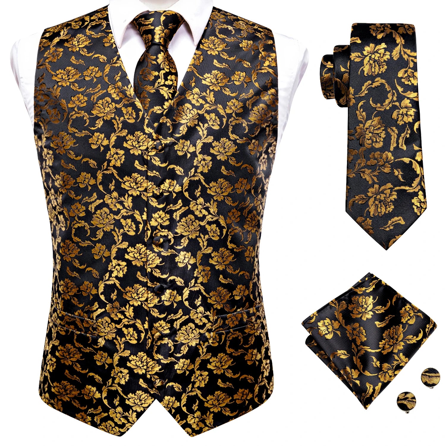 Hi-Tie Black Men Silk Vest Paisley Jacquard Necktie Hankerchief Cufflinks Sets Male Sleeveless V-Neck Waistcoat Business Formal