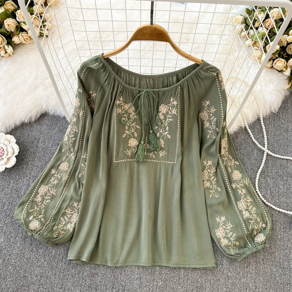 Women Spring Autumn Blouse Vintage National Style Long Sleeve Round Neck Pullover Embroidery Loose Shirt Doll Shirt Top D2761
