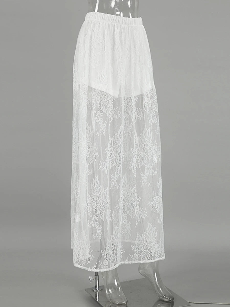 Lace Jacquard Transperant Skirt Women Summer New High Waist Sexy Casual Long Skirts 2025 Streetwear Fashion White Maxi Skirt