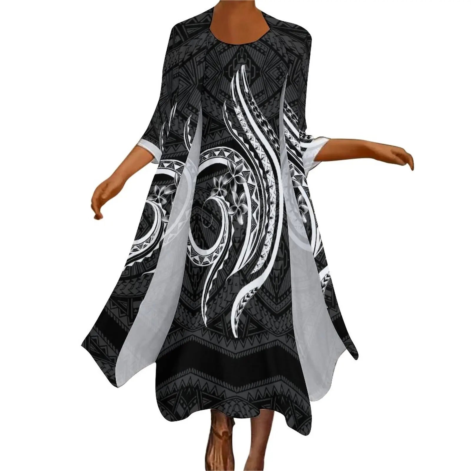 New high stretch two piece dress set women clothing custom Big people polynesian dress & Kimono cloak set women's cardigan suit