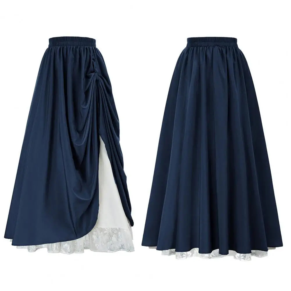 Women Retro Medieval Elastic Lace High Waist Boho Maxi Skirt Casual Drawstring A Line Shirtdresses Backless Vintage Bodycon