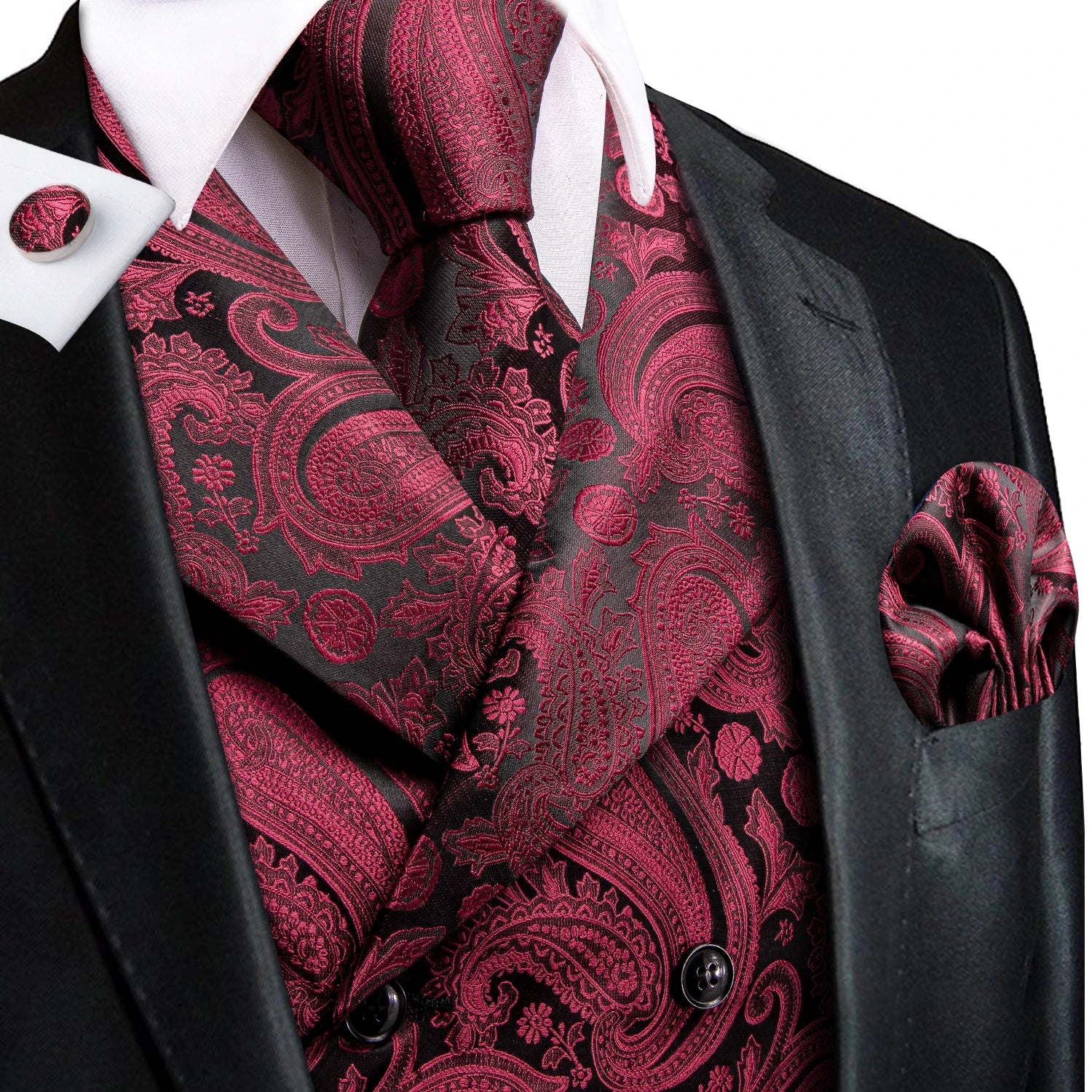 Hi-Tie Dark Red Men's Vests Silk Paisley Jacquard Waistcoat Jacket NeckTie Hanky Cufflinks for Men Business Party Designer Gifts