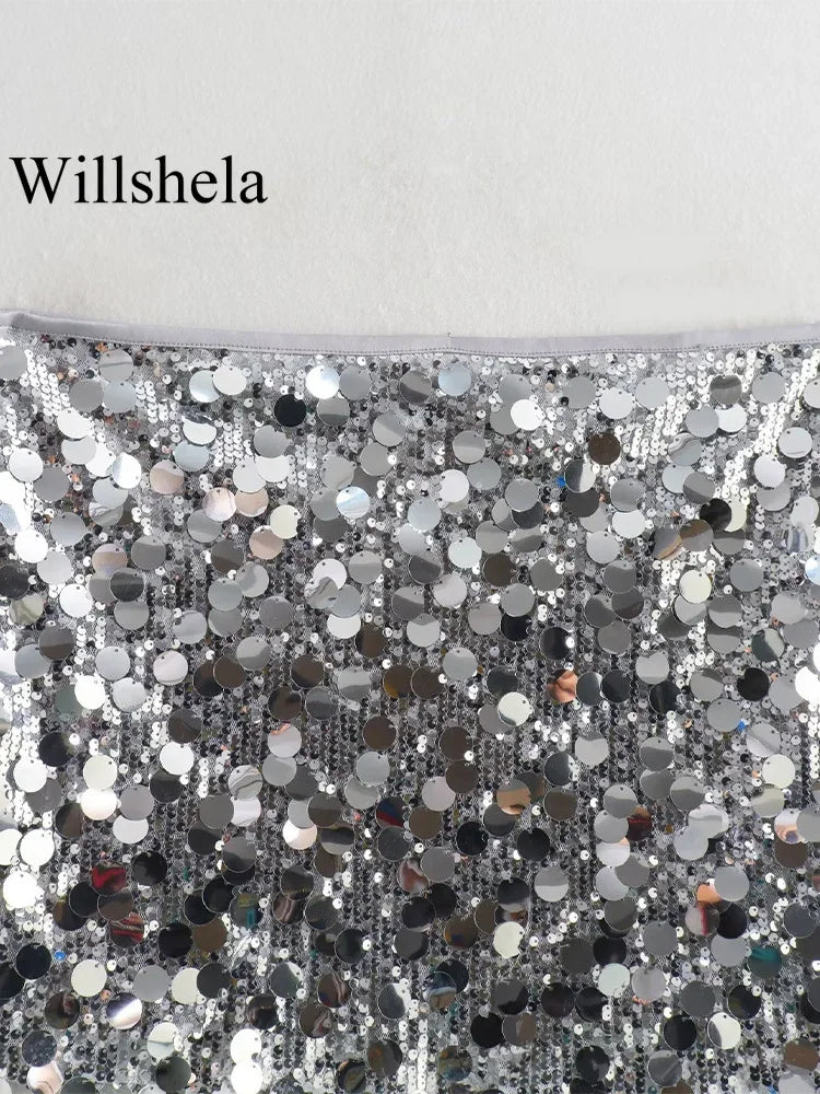 Willshela Women Fashion With Sequined Solid Side Zipper Mini Skirt Vintage High Waist Female Chic Lady Skirts