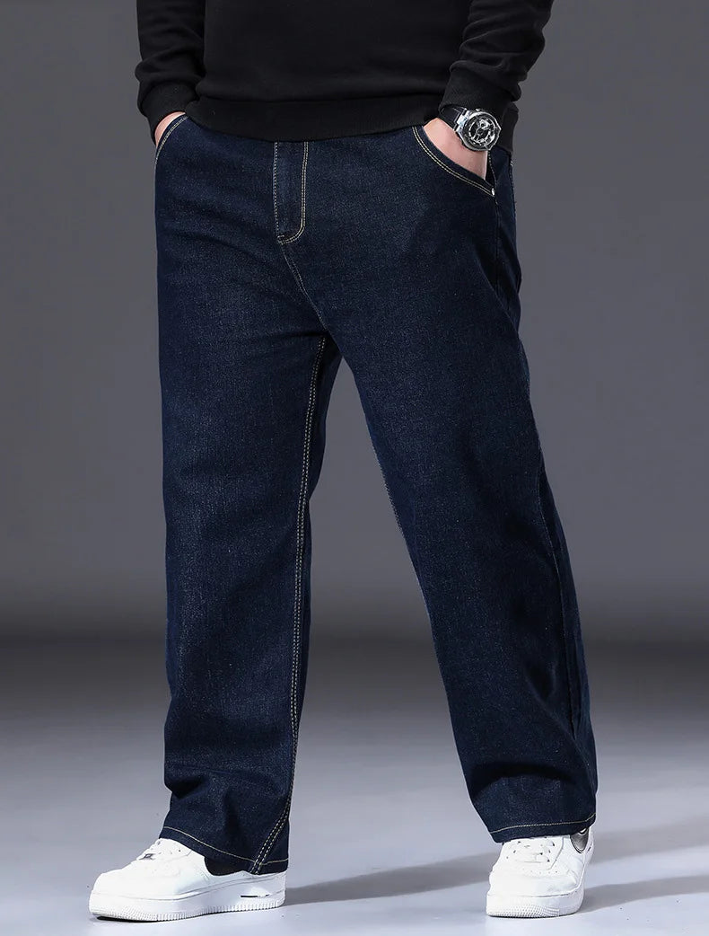 34-50 Sizes Men's Stretch Jeans Straight Leg Denim Pants Extended Sizing Blue/Black Streetwear Relaxed Fit for Work & Casual