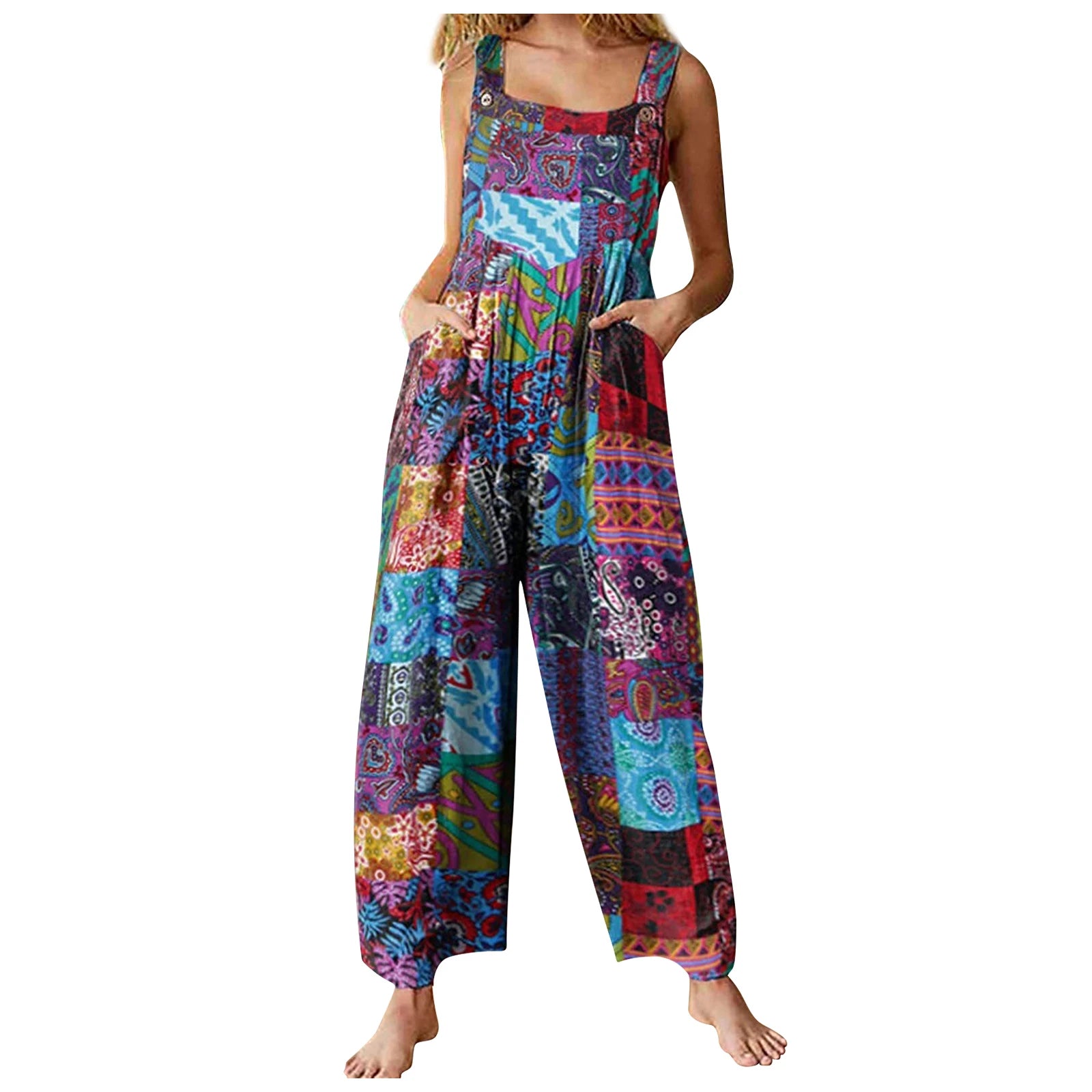 Women Jumpsuits Summer Overalls Multicolor Ethnic Style Square Neck Sleeveless Casual Rompers with Pockets for Girls Playsuit