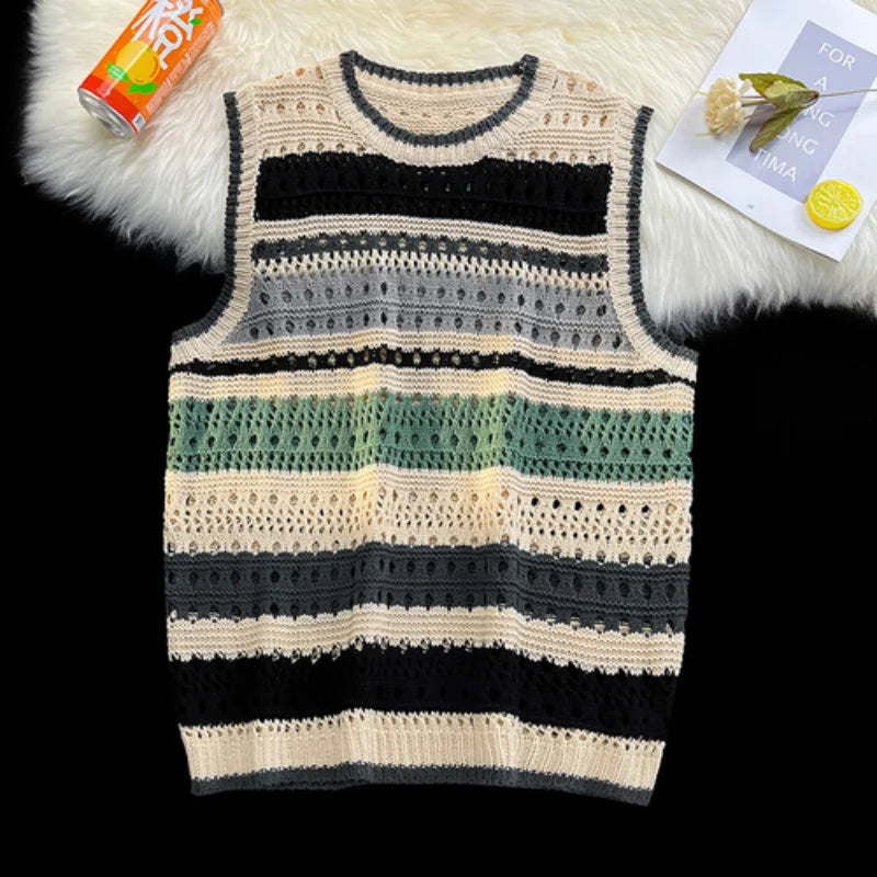 Contrast Striped Hollowed Out Knit Tank Top Men's Oversize Summer Japanese Outerwear Layered Bf Couple Knitwear Sleeveless Top
