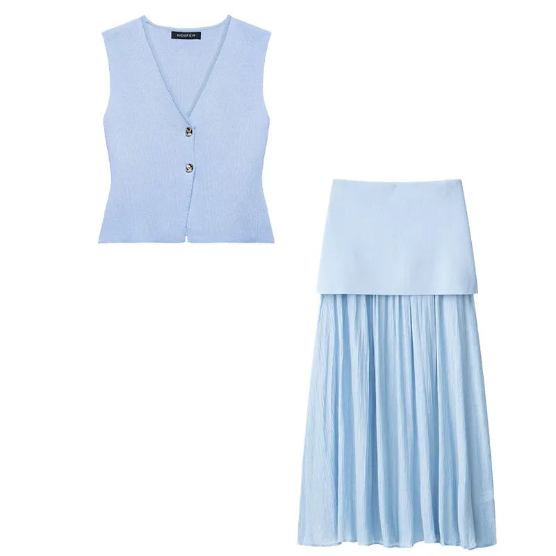 TRAFZA Women 2 Piece Set V-Neck Sleeveless Button Knitted Vest Top+Elegant Splicing High Waist Zipper Long Skirts Holiday Suits