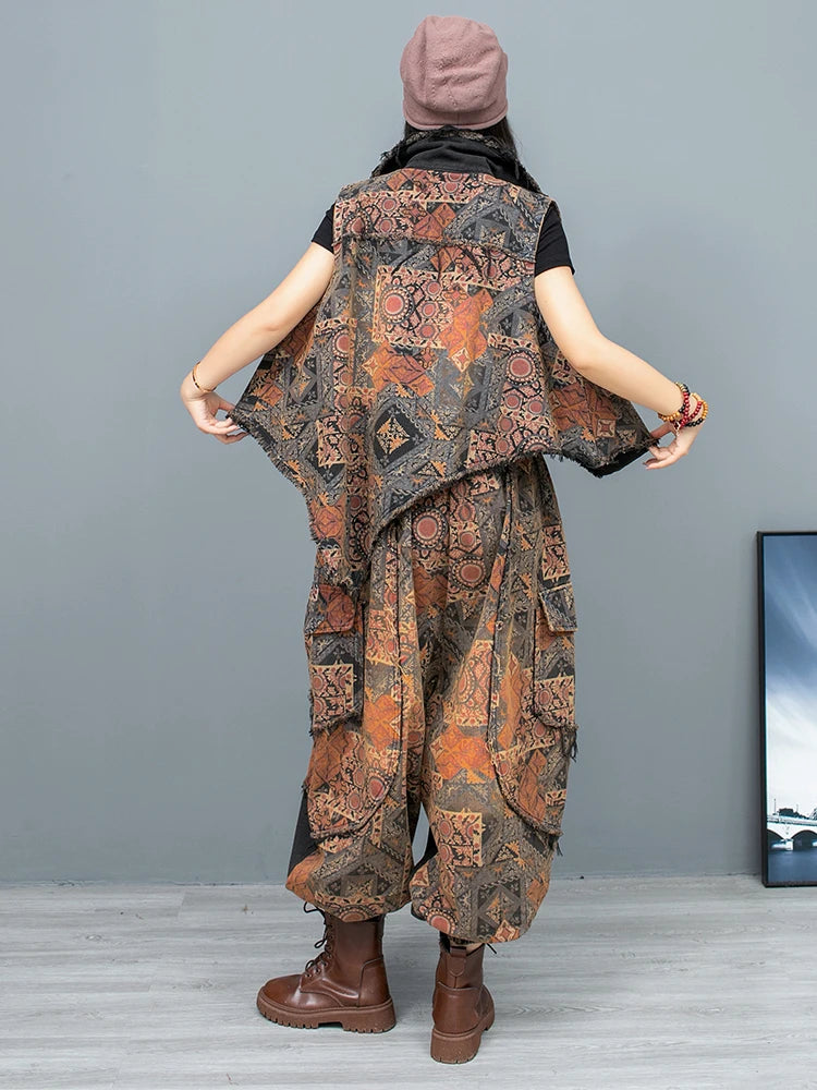 Spring Summer Trendy Personality Print Distressed Denim Irregular Vest + Large Crotch Pants Two-piece Set Women LX323
