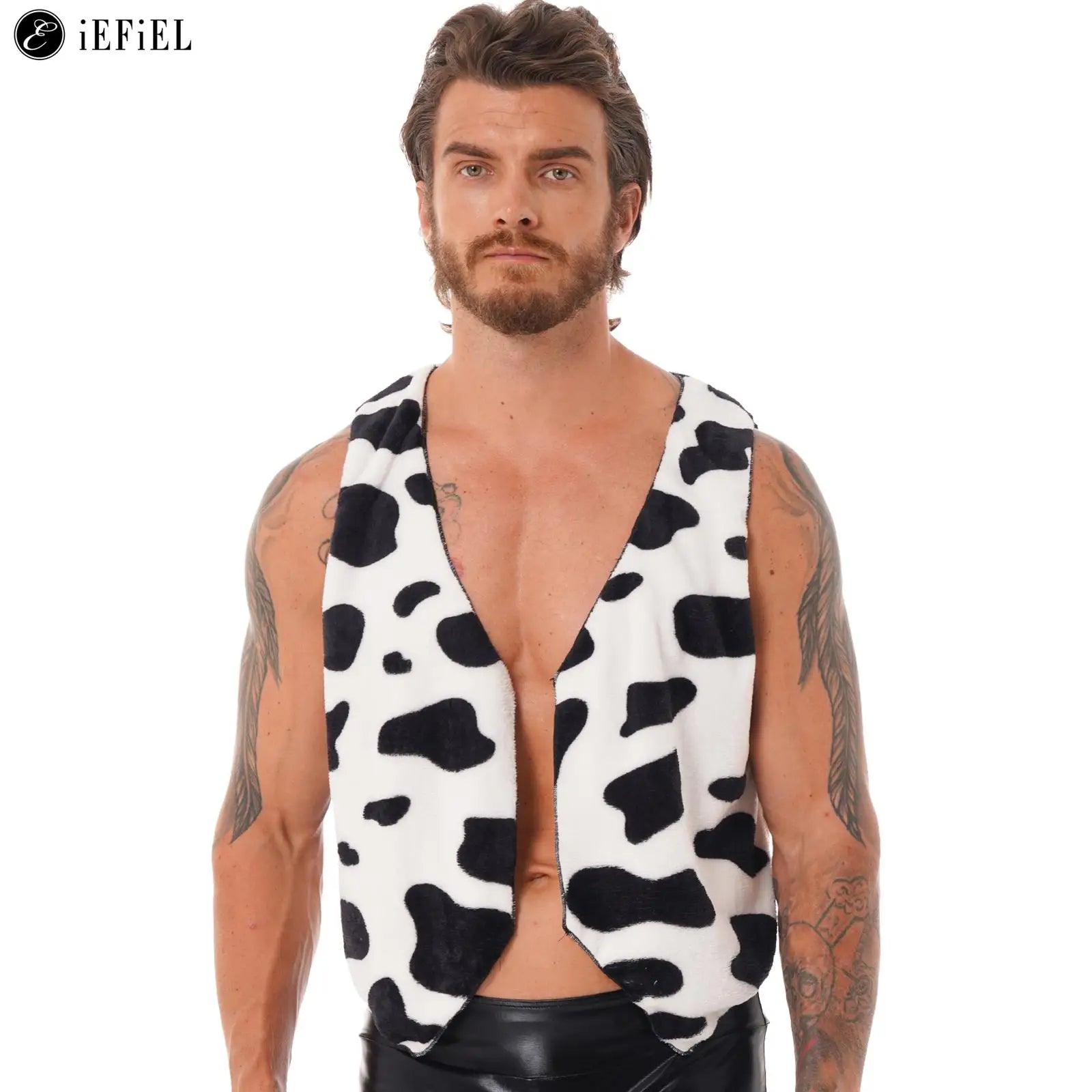 Men Cow Print Open Front Coat Jacket Vest Halloween Festival Hippie Costume Cowboy Cardigan Cosplay Party Fancy Dress Up