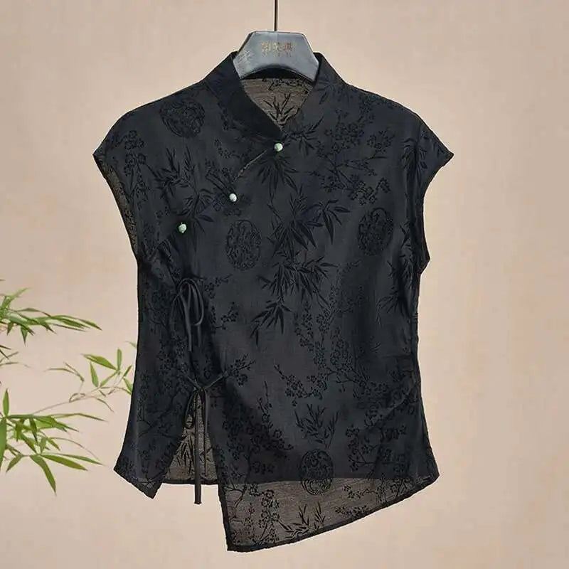 Women  Vintage Thin Shirt New Chinese Style Cheongsam Top Black Jacquard Sleeveless T-shirt Summer Mature Fashion Bow Shirt