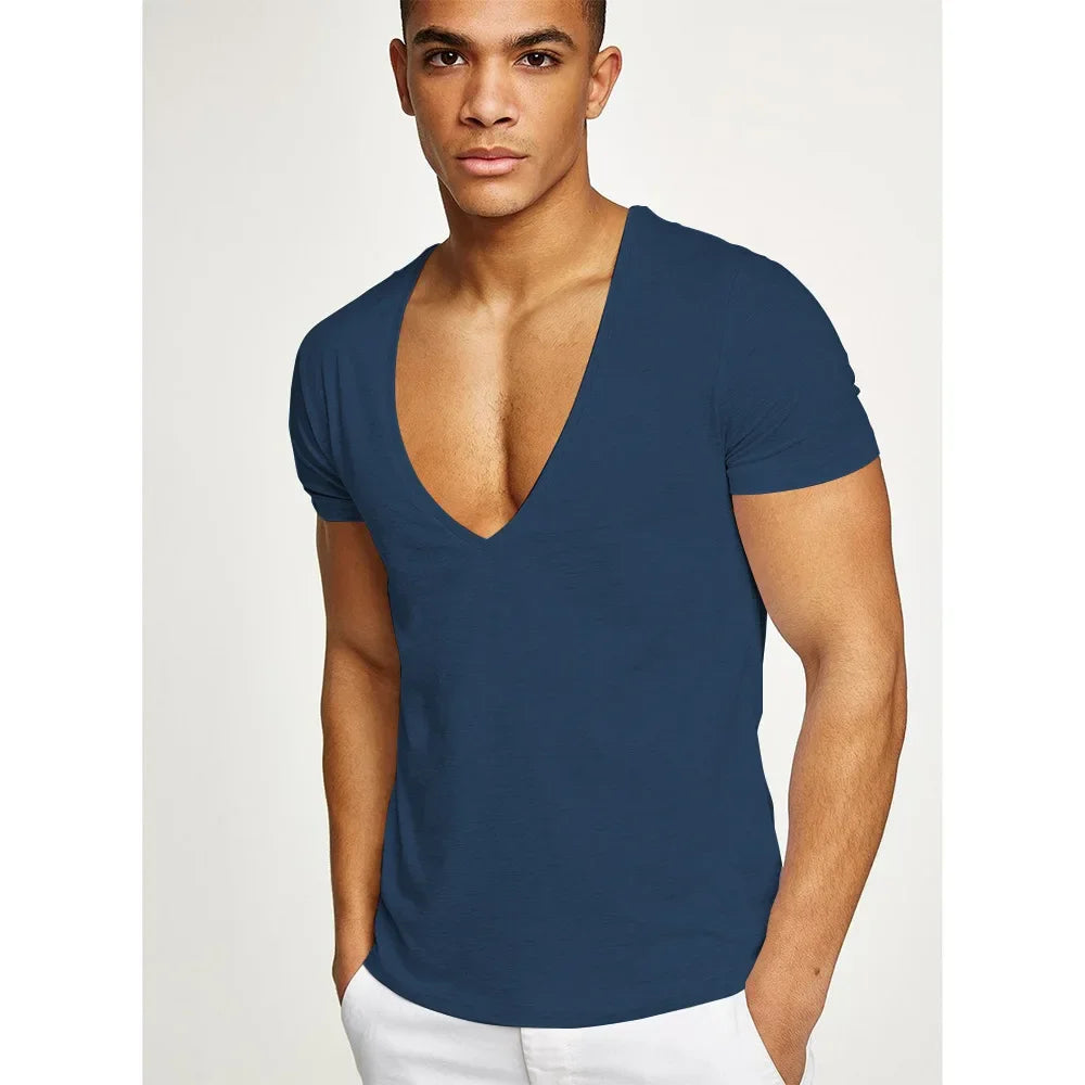 MRMT 2025 Brand New Men's Fitness And Leisure Summer Cotton Sweat-Absorbent Solid Color European Size Deep V-Neck T-Shirt Tops