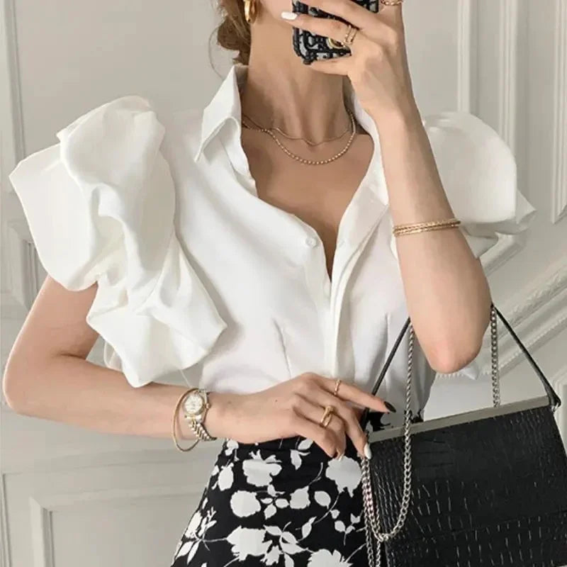 BWQ Y2K Women Chiffon Black Shirts Summer Fashion Elegant Puff Sleeve Tops Korean All Match Female Casual Blouse New
