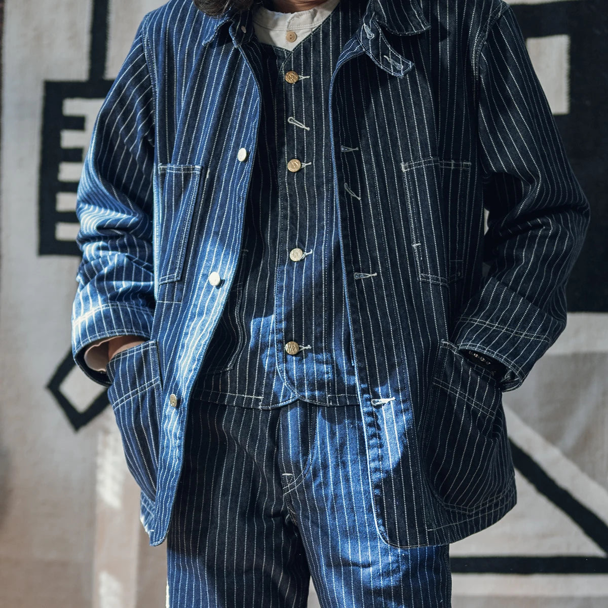 Non Stock 1930s Three-Pocket Wabash Work Vest Retro Men's Striped Sleeveless Jacket