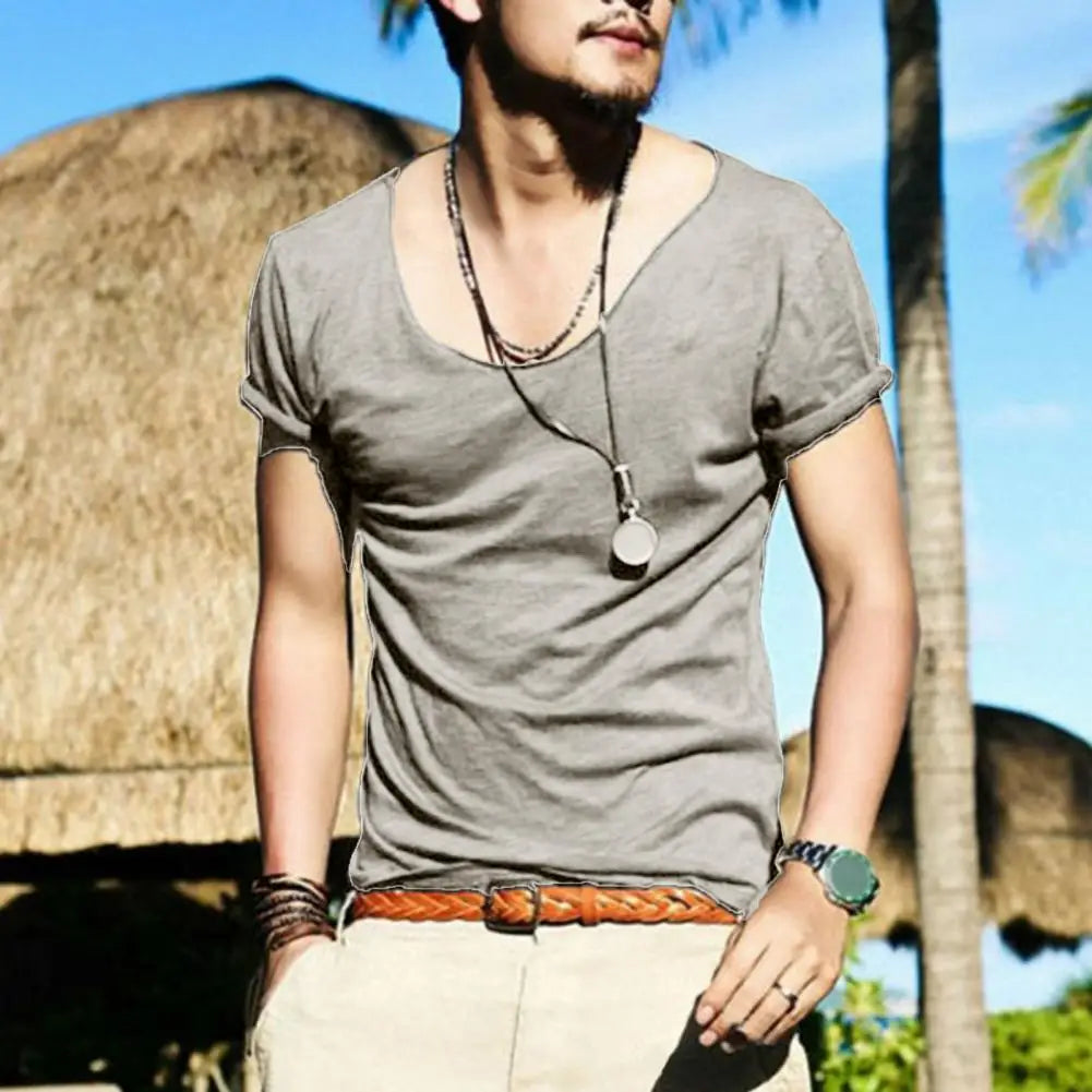 Men Summer T-shirt Large V Neck Thin Casual Male T-shirt Solid Color Slim Fit Breathable Short Sleeves Stretchy Men Top