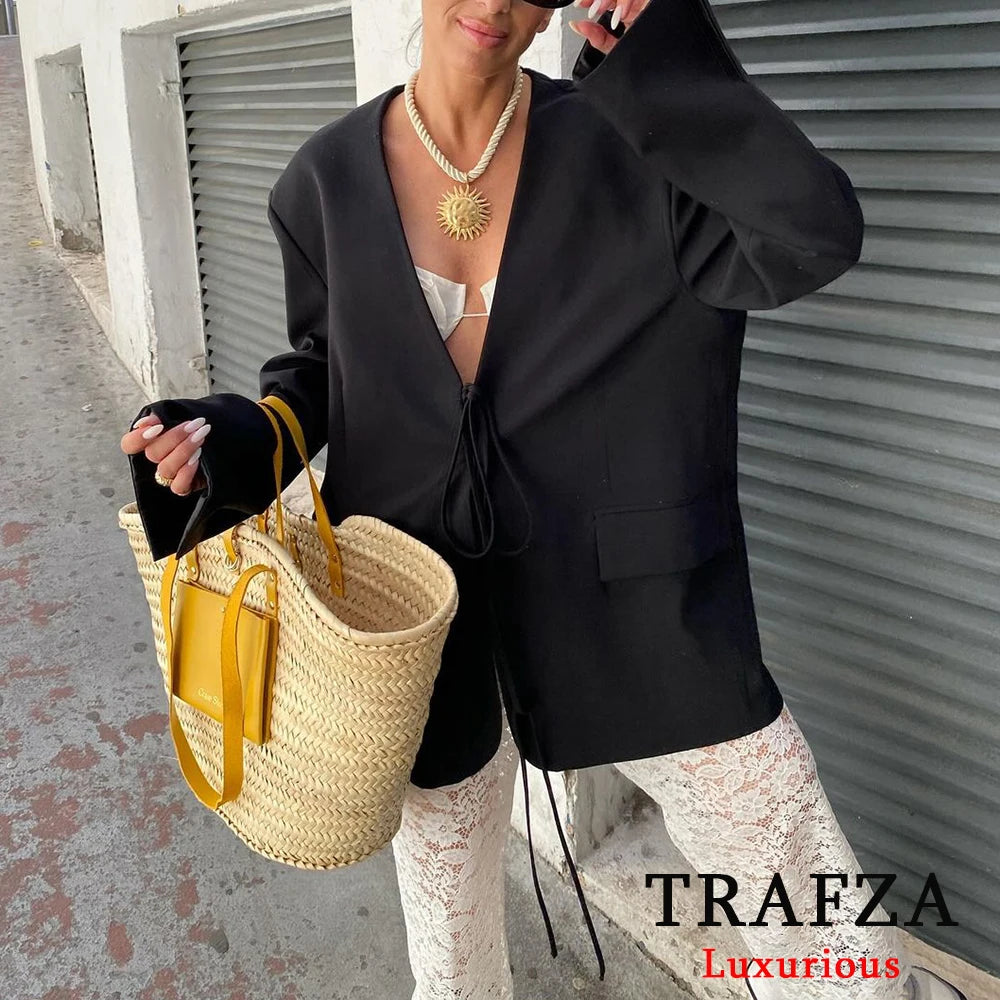 TRAFZA Casual Oversized Black Blazer Women V Neck Bow Tie Pockets Loose Jackets Fashion 2025 Streetwear Women Outwears