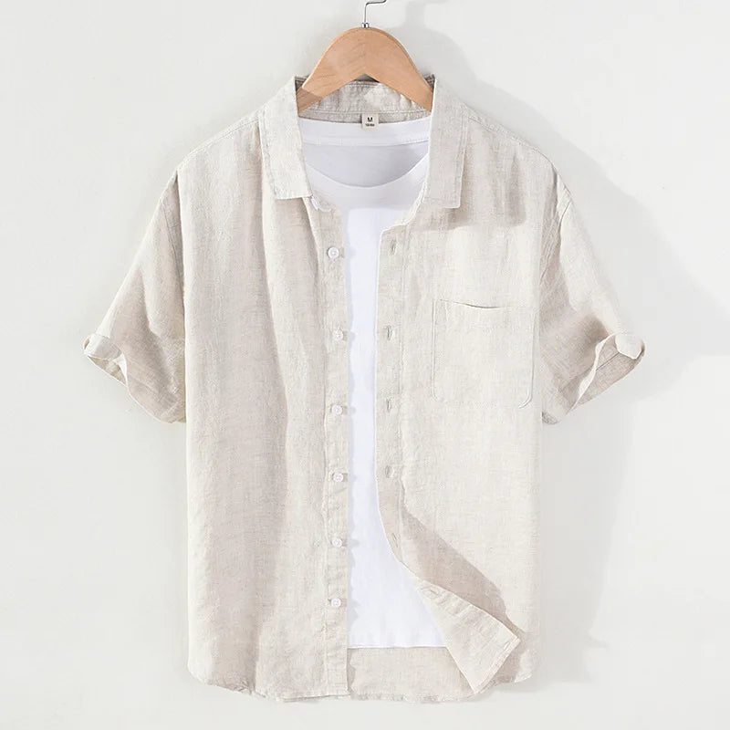 923 100% Linen Men's Summer Fashion Shirt High Quality Solid Color Simple Casual Short Sleeve Blouses Basic Thin Breathable Tops