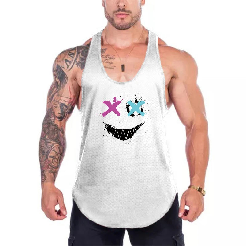 Trendy Personality Funny XX Smile Face Gym Fitness Vest Men Bodybuilding Sleeveless Tank Tops Mesh Quick Dry Racer Back T-Shirt
