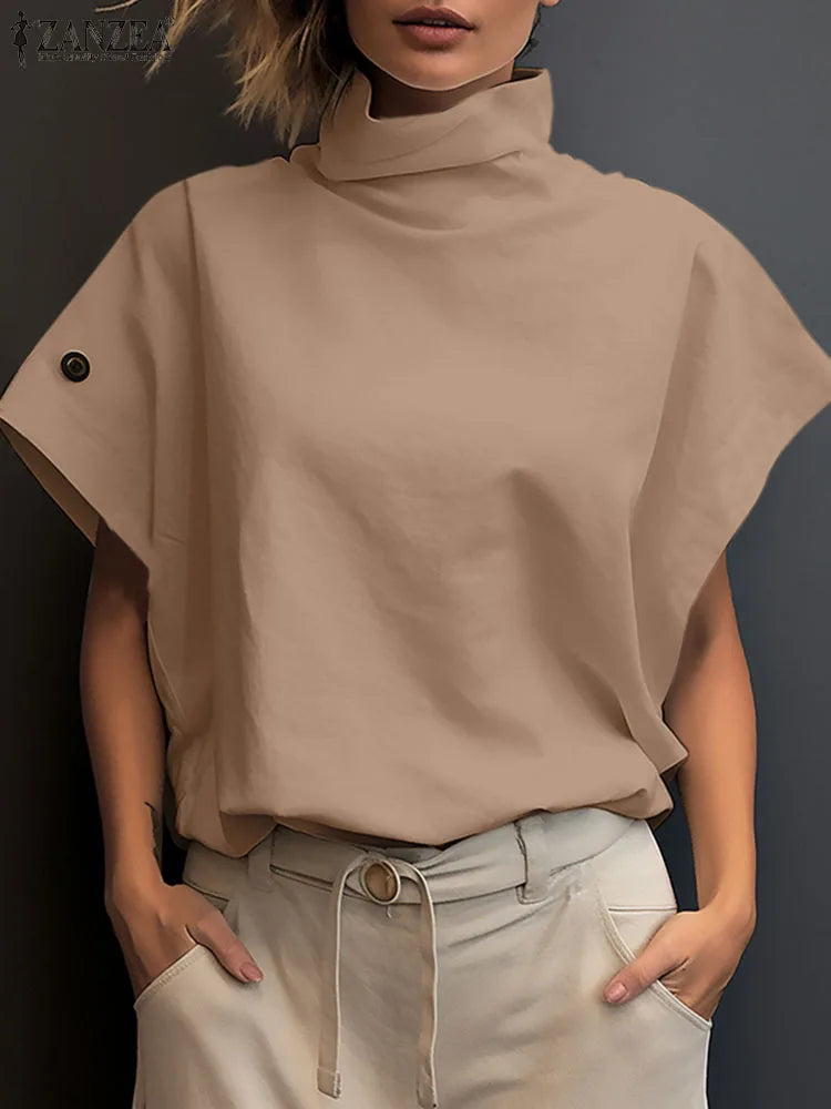 ZANZEA Women Stylish Tunic Tops Summer Office OL Shirts Short Sleeve Elegant Work Blouse Female Turtleneck Blusas Mujer Oversize