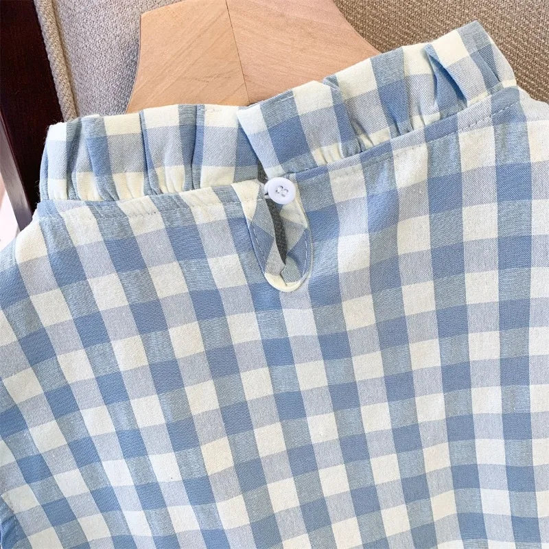 Korean Blouses Women Clothing Stand Neck Sleeveless Sweet Shirts 2025 Camisas De Mujer Loose Ruffles Ruffles Plaid Summer Blouse