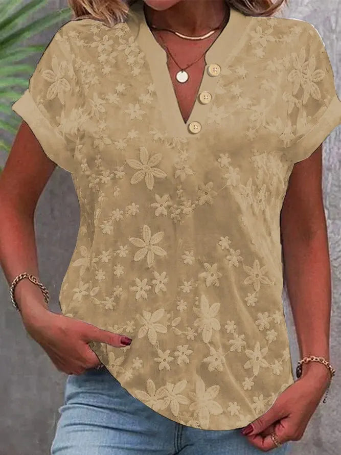 Women Shirt Pullover Solid Blouses Spliced V Neck Shirts Casual Summer 2024 Loose Fit Slight Strech Button Basics Embroidery