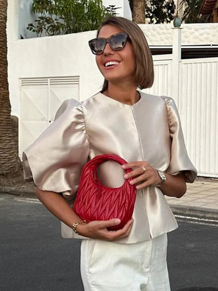 O Neck Lantern Short Sleeve Women Top Loose Solid Female Blouse 2025 Fashion Elegant Office Spring Summer Casual Lady Shirts