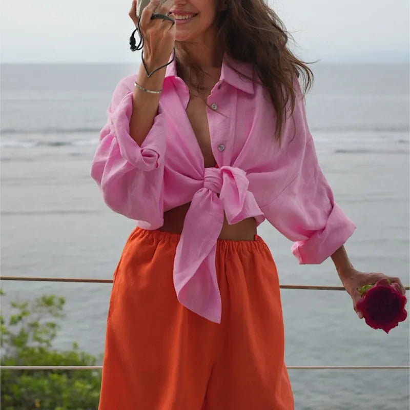 Women's Linen White Shirt Long Sleeve Elegant Pink Loose Fashion Blouse Summer Vintage Basic Top Collar Shirt for Women