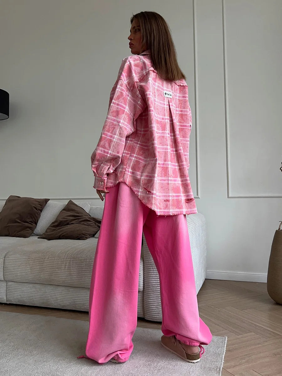 Retro Tie Dyed Cotton Checkered Shirt Spring and Summer Women's Street Syle Trend Y2K Loose School Cassual Pink Shirt Jacket